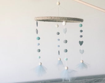 Baby Girls Cot Mobile, Childrens Nursery Accessories, Gift Ideas for Baby Shower, Hand Made Tulle & Pom Pom Baby Mobile