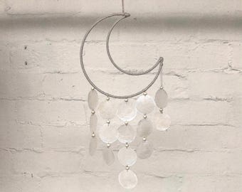 Grey Moon and Shell Wind Chimes, Gender Neutral Mobile, Childrens Decor & Accessories, Wrapped Grey Moon and Shell Wind Chime