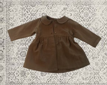 2-7 Years Long Sleeve Linen Blend Classic Autumn Button Down Coat for Girls, Vintage Style Olive Green Coat for Girls