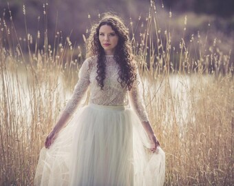 Dylan Boho Wedding Lace Top & Tulle Skirt, White Womens Maxi Skirt, Soft Full Length Boho Wedding Tulle Skirt and Lace Top