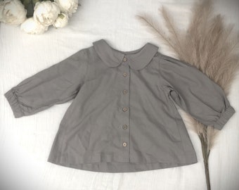 2-7 Years Long Sleeve Linen Blend Classic Autumn Button Down Coat for Girls, Vintage Style Fold Down Collared Coat for Girls