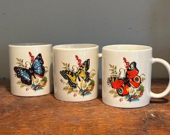 Vintage Multi Colored Butterfly Mugs-Set of 3