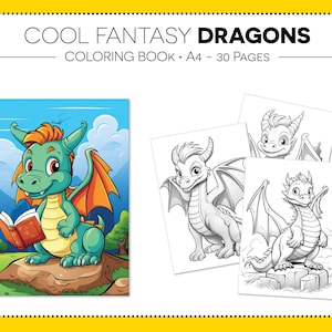 30 Cool Fantasy Dragons  Coloring Pages, Coloring Book, Kids Coloring, Grayscale Coloring, Instant Download, Printable, A4