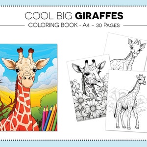 30 Cool Big Giraffes Coloring Pages, Coloring Book, Kids Coloring, Grayscale Coloring, Instant Download, Printable, A4