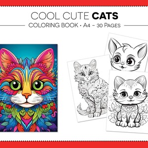 30 Cool Cute Cats  Coloring Pages, Coloring Book, Kids Coloring, Grayscale Coloring, Instant Download, Printable, A4