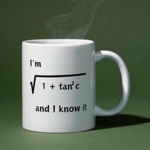 May include: White ceramic mug with the text "I'm √(1 + tan²c) and I know it" in black. The mug has a curved handle and is emitting steam. The background is a solid green colour.