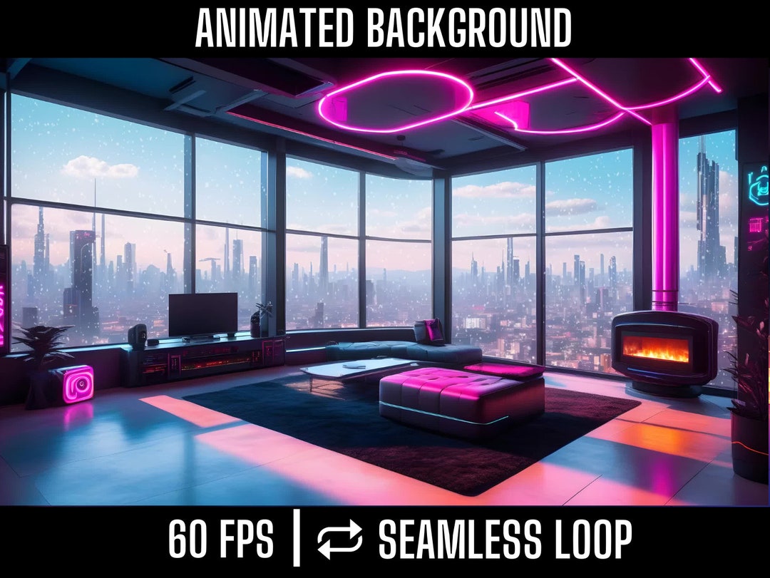 Modern Cyberpunk Loft Animated Background | Neon Ambiance & Fireplace ...