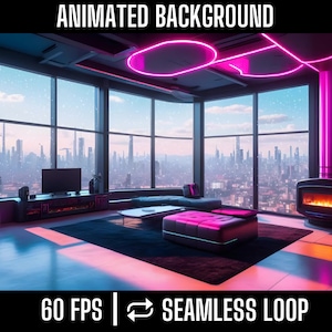 Modern Cyberpunk Loft Animated Background | Neon Ambiance & Fireplace | Ideal for Twitch, OBS, and Zoom Streaming