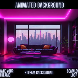 Cyberpunk Animated Background Living Room | Neon Lights & Futuristic Cityscape Window View | Ideal for OBS, Twitch, Zoom and Streams