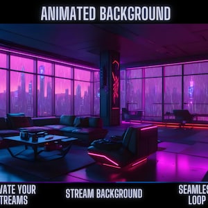 Puede incluir: Un horizonte urbano futurista visto a través de grandes ventanas en una sala de estar moderna con un sofá, una mesa de café y una silla. La habitación está iluminada con luces de neón rosa y púrpura. El texto "Animated Background" está en la parte superior de la imagen. El texto "Elevate Your Streams", "Stream Background" y "Seamless Loop" está en la parte inferior de la imagen.