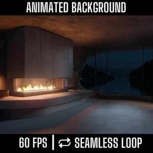 Peut inclure: Un salon moderne avec une cheminée et de grandes fenêtres donnant sur un lac. La cheminée est allumée et la pièce est faiblement éclairée. Le texte "60 FPS | BOUCLE SANS SOUDURE" est en bas de l'image.