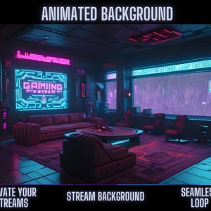 Cyberpunk Living Room Animated Backdrop: Neon Lights & Urban Skyline | Ideal for Twitch, OBS, Zoom Streaming