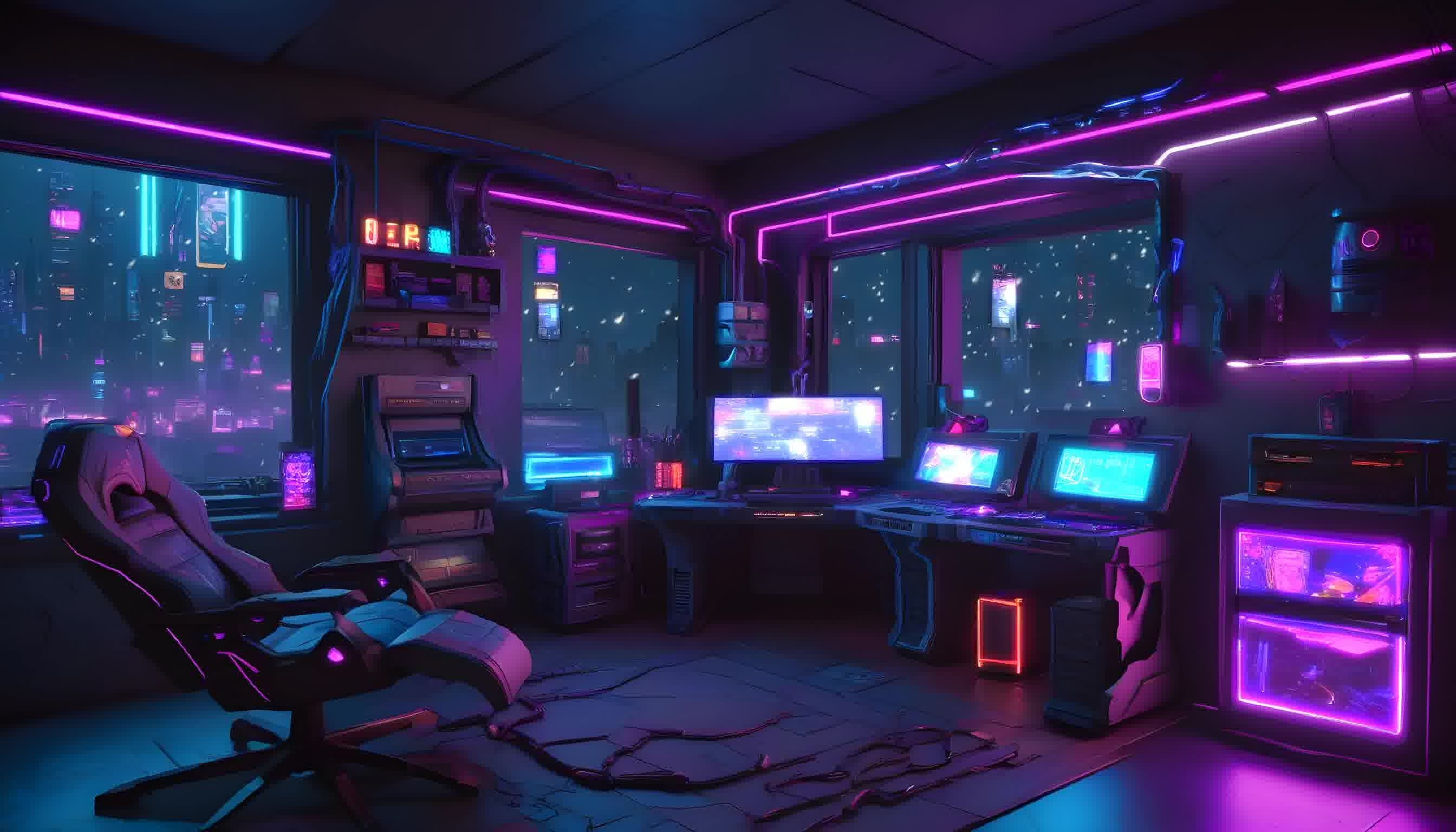 Virtual Cyberpunk Bedroom: Neon Ambiance & Skyline View Perfect for ...