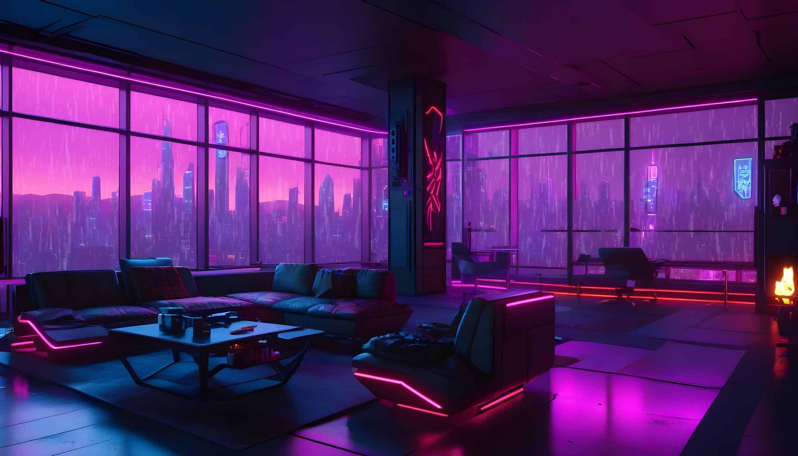 Gamer's Cyber Loft Animated Environment | Neon Signage & Urban Vista ...