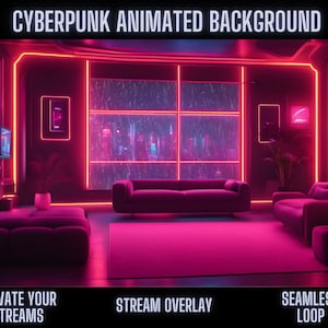 Cyberpunk Living Room Animated Background | Neon Lights & Futuristic Cityscape Window View | Ideal for OBS, Twitch, Zoom and Streams