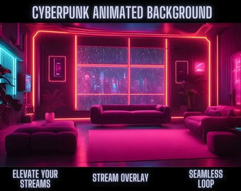 Cyberpunk Living Room Animated Background | Neon Lights & Futuristic Cityscape Window View | Ideal for OBS, Twitch, Zoom and Streams