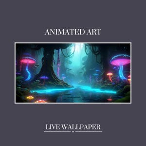 May include: Animated art live wallpaper featuring a glowing blue river flowing through a forest with glowing pink and purple mushrooms.