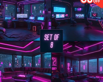 Könnte beinhalten: Ein Set aus acht futuristischen, neonbeleuchteten Raumdesigns. Die Räume verfügen über eine Vielzahl von Möbeln, darunter Sofas, Stühle und Schreibtische. Die Räume sind mit Neonlichtern dekoriert, die eine lebendige und futuristische Atmosphäre schaffen. Der Text "SET OF 8" wird in der Mitte des Bildes angezeigt.
