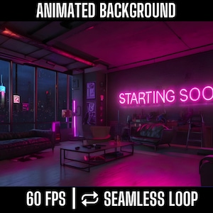 Starting Soon Screen Animated Background - Neon Glow Lounge: Inviting Cyberpunk Vibes with Vibrant Neon Ambiance