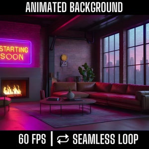 Starting Soon Screen Animated Background - Futuristic Hearth: Blend of Cozy Neon and Cyberpunk Elegance for Streamers