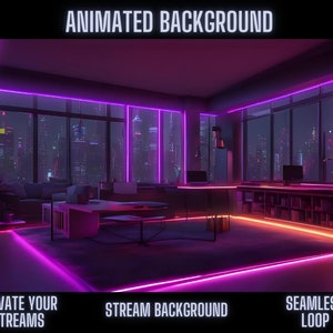 サイバーパンクアニメーション背景リビングルーム | ネオンイルミネーションと未来的な都市スカイライン | OBS、Twitch、Zoom、ストリーミングに最適