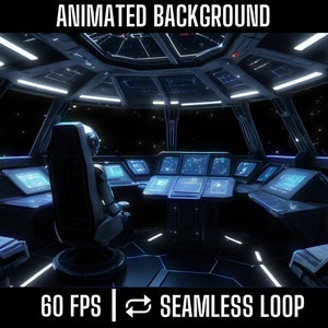 Puede incluir: Un interior futurista de una nave espacial con vista a un cielo nocturno estrellado. La cabina de mando cuenta con un panel de control con luces brillantes y dos asientos. El texto "60 FPS | Bucle sin costuras" se muestra en la parte inferior de la imagen.