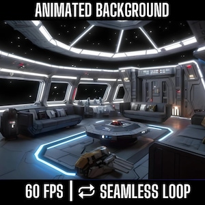 May include: A futuristic spaceship lounge interior with the text "ANIMATED BACKGROUND" at the top. The lounge has grey sofas, a modern coffee table, and large windows looking out into space. The text "60 FPS | SEAMLESS LOOP" is at the bottom.