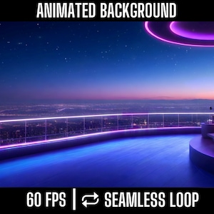 以下が含まれることがあります： 夜空の街並みをバルコニーから見下ろすアニメーションの背景。バルコニーには紫色のネオンライトがついたガラスの手すりがあり、床は青く光っています。画像の下部には「60 FPS | シームレスループ」というテキストがあります。