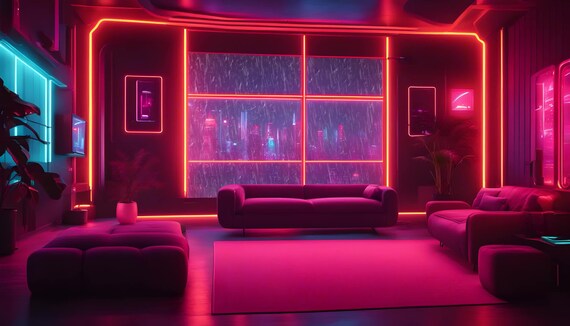 Cyberpunk Living Room Animated Background Neon Lights Futuristic Cityscape Window View Ideal for OBS Twitch Zoom and Streams