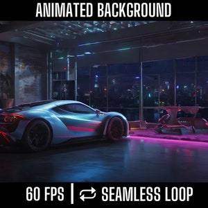 May include: A blue sports car parked in a modern loft with a city skyline view at night. The car has red accents and a pink neon light on the floor. The text "60 FPS | Seamless Loop" is at the bottom of the image.