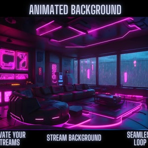 Futuristic Gamer&#39;s Penthouse Animated Background | Neon Gaming Icons & City View | Ideal for Twitch, OBS, Zoom