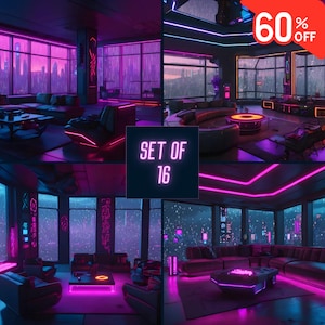 May include: A set of 16 futuristic living room 3D models with neon lights and city views. The models feature different furniture arrangements and lighting schemes, perfect for creating a cyberpunk or sci-fi aesthetic.