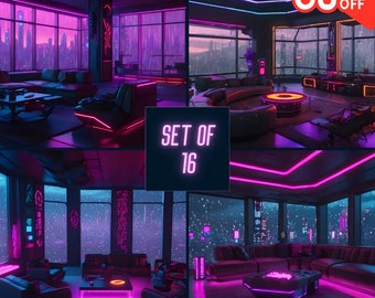 Ultimate Cyberpunk Animation Mega Bundle | Set of 16 Vibrant Neon Living Spaces | Perfect for OBS, Twitch, Zoom, and More