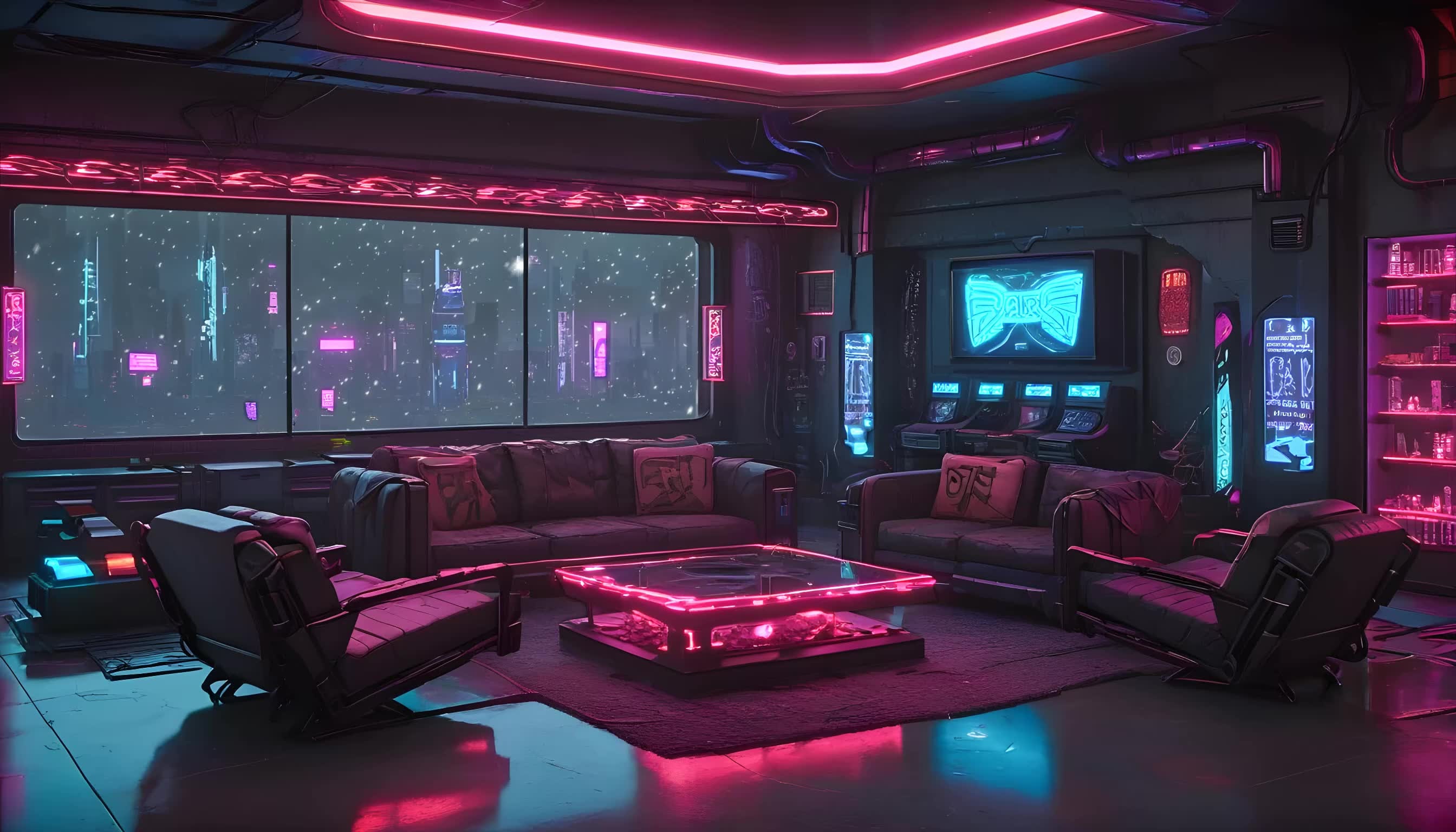 ネオンライトのサイバーパンクなリビングルームの背景：街並みの窓から