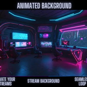 Puede incluir: Una habitación futurista iluminada con neón con el texto "ANIMATED BACKGROUND". La escena presenta múltiples monitores de computadora, sillas de juego y el texto "ELEVATE YOUR STREAMS", "STREAM BACKGROUND" y "SEAMLESS LOOP". La habitación está iluminada con luces rosas y azules.