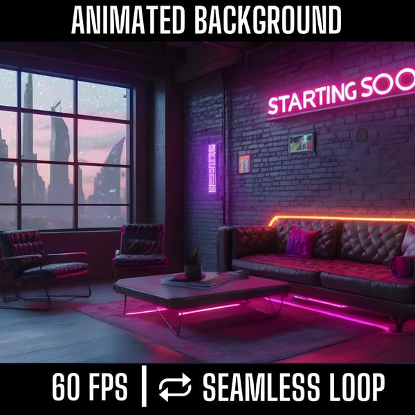 Starting Soon Screen Animated Background - Cyber Comfort: Embrace Warmth and Style with Neon Glow and Cyberpunk Flair