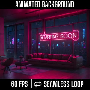 Starting Soon Screen Animated Background - Urban Oasis: Relaxing Neon Atmosphere in a Cozy Cyberpunk Setting
