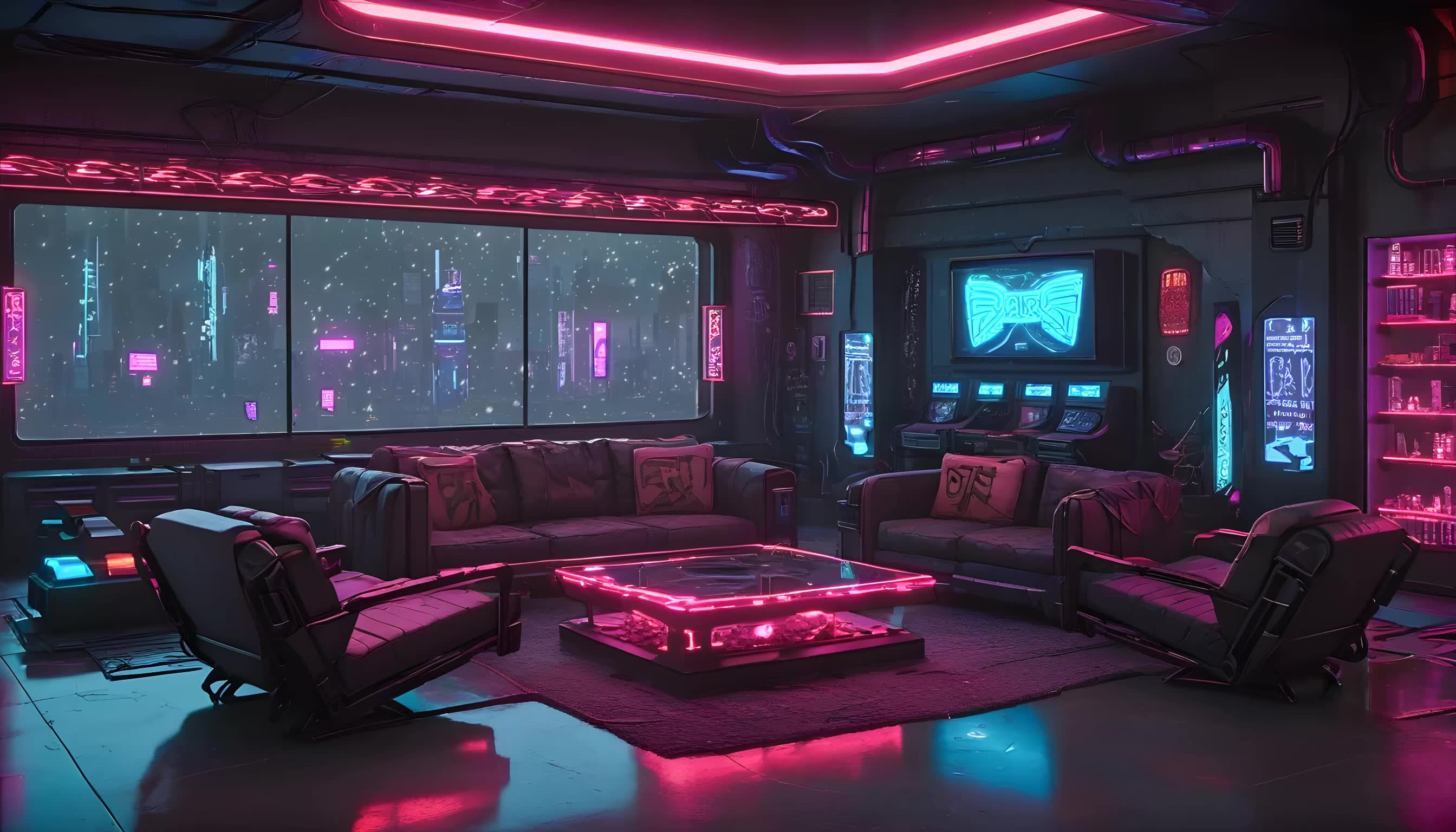 Neon-lit Cyberpunk Living Room Background: Cityscape Window View ...