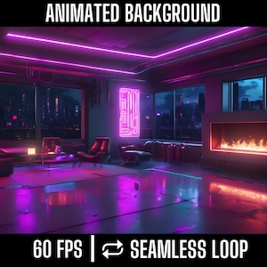 May include: A futuristic living room with a fireplace, a couch, and a coffee table. The room is lit with neon pink lights and has a view of a city skyline at night. The text "60 FPS | SEAMLESS LOOP" is at the bottom of the image.