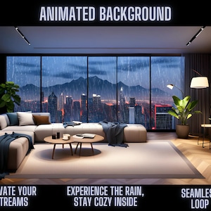 Luxury Modern Living Room Animated Background | Rapid Rain Window View | Perfect for OBS, Twitch, Zoom, Skype Streaming Sessions