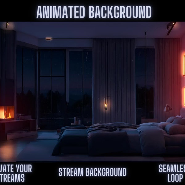 Animated Background: Cozy Nighttime Bedroom | Rainy Window & Warm Fireplace | Perfect for OBS, Twitch, Zoom Virtual Sessions