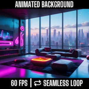 Futuristic Cyber Loft Animated Scene | Stylish Fireplace & Neon Lights | Perfect for Virtual Meetings and Streams