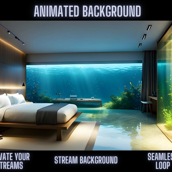 Underwater Modern Bedroom Animated Background | Panoramic Ocean Window View | Ideal for OBS, Twitch, Zoom Virtual Sessions