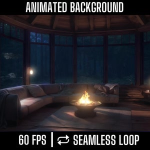 Enchanted Rainforest View - Luxurious Cabin Animated Background with Central Fireplace and Soothing Rain Ambiance