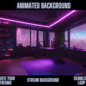 Könnte beinhalten: Ein dunkler Raum mit Blick auf die Stadt aus dem Fenster. Der Raum hat einen Schreibtisch mit einem Computermonitor, einen Stuhl und ein Bücherregal. Der Raum ist mit rosa Neonlichtern beleuchtet. Der Text "ANIMATED BACKGROUND" befindet sich oben im Bild. Der Text "ELEVATE YOUR STREAMS" befindet sich unten links im Bild. Der Text "STREAM BACKGROUND" befindet sich unten in der Mitte des Bildes. Der Text "SEAMLESS LOOP" befindet sich unten rechts im Bild.