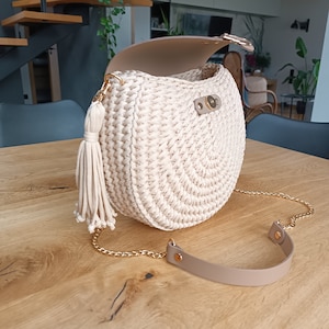 Crochet Crosssbody Vanilla Color Bag, Handmade Purse, Lexury Bag, For Her, Women, Gift, Unique Fashion, Elegant Leather Accessories Purse zdjęcie 6