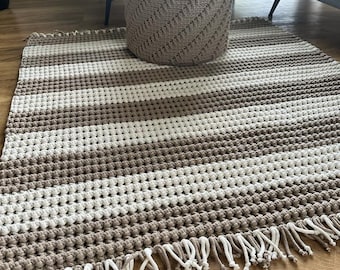 Chunky Rectangular Rug with Tassels, Nursery Crochet Rug, Home Indoor Decor, Large Handmade Carpet, Living Room, Bathroom Mat,