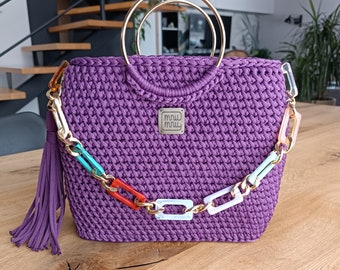 Crochet Heather/Purple Bag,Ladies Purse, Handmade Purse, Lexury Bag, For Her, Women, Gift, Gold, Unique Fashion, Elegant Accessories