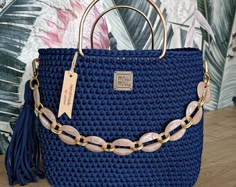 Crochet Navy Bag, Ladies Purse, Handmade Purse, Lexury Bag, For Her, Women, Gift, Gold, Unique Fashion, Elegant Accessories, Handcrafted