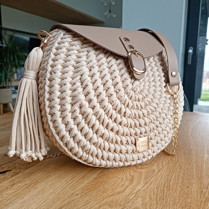 Crochet Crosssbody Vanilla Color Bag, Handmade Purse, Lexury Bag, For Her, Women, Gift, Unique Fashion, Elegant Leather Accessories Purse zdjęcie 3